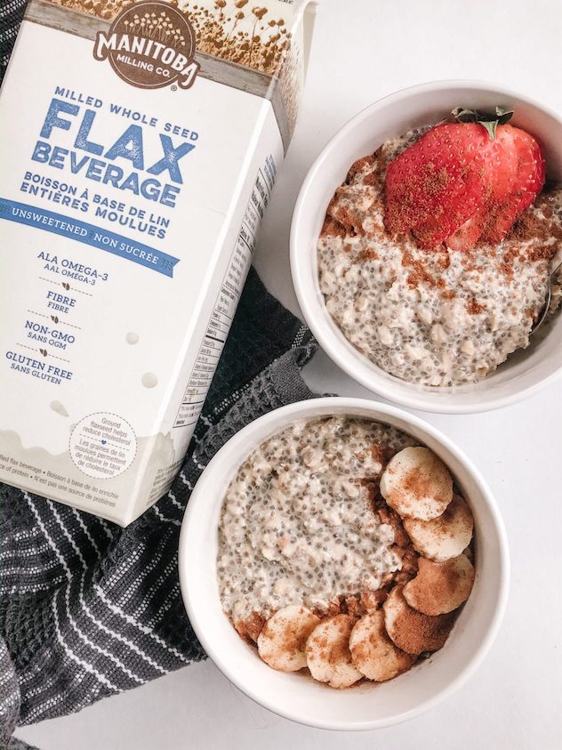 vanilla chai overnight oats pictured with Manitoba Milling Unsweetened Flax Milk