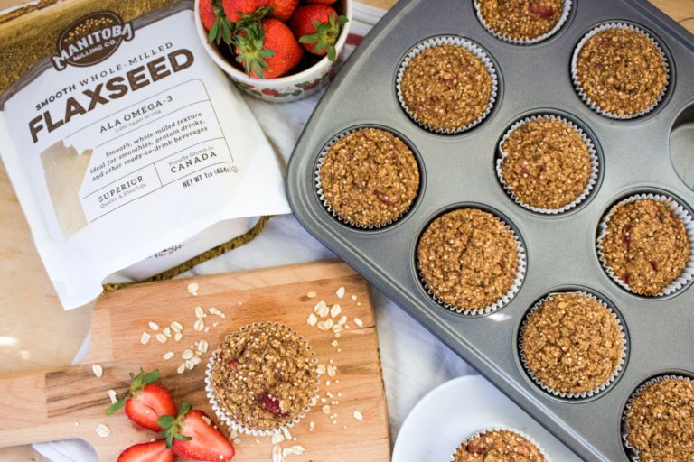 photo of Manitoba Milling Smooth Whole Milled Flaxseed used to make gluten free strawberry muffins
